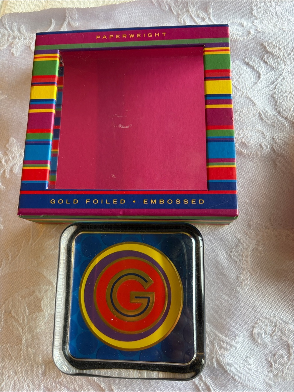 Punch Studio Multicolor Striped Box and Retro 'G' Paperweight